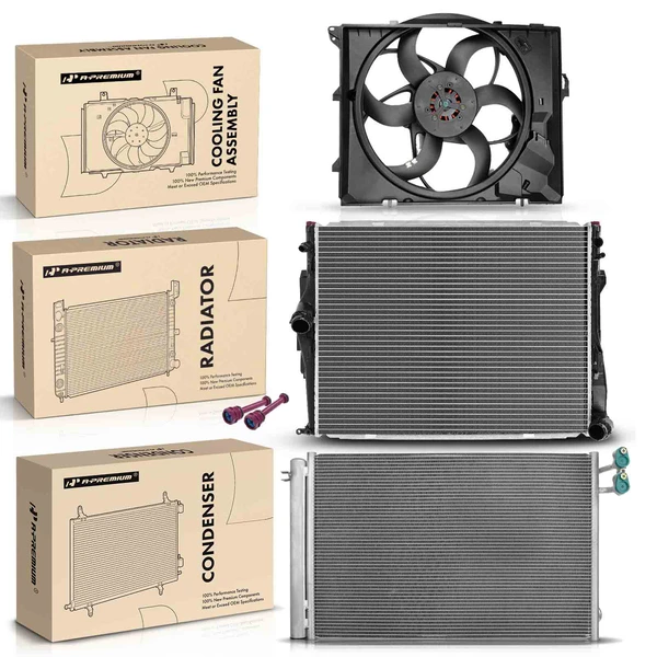 3 Pcs Radiator & AC Condenser & Cooling Fan Kit for BMW E90 325i 325xi 328i 328xi 330i