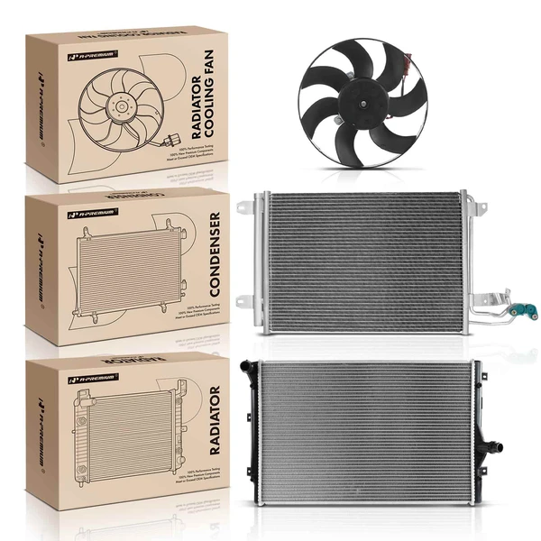 3 Pcs Radiator & AC Condenser & Cooling Fan Kit for Volkswagen Golf GTI Jetta Audi A3