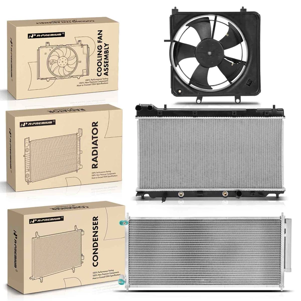 3 Pcs Radiator & AC Condenser & Cooling Fan Kit for Honda Fit 2007-2008 L4 1.5L Petrol