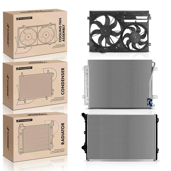 3 Pcs Radiator & AC Condenser & Cooling Fan Kit for Volkswagen CC 2014-2017 2.0L