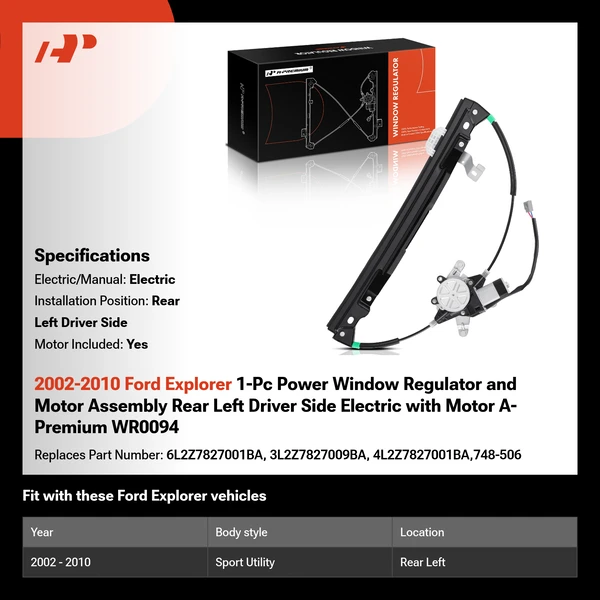 2002-2010 Ford Explorer 1-Pc Power Window Regulator and Motor Assembly Rear Left Driver Side Electric with Motor A-Premium WR0094