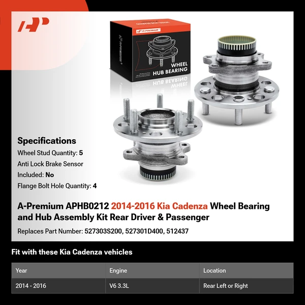 A-Premium APHB0212 2014-2016 Kia Cadenza Wheel Bearing and Hub Assembly Kit Rear Driver & Passenger