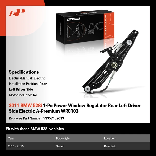 2011 BMW 528i 1-Pc Power Window Regulator Rear Left Driver Side Electric A-Premium WR0103