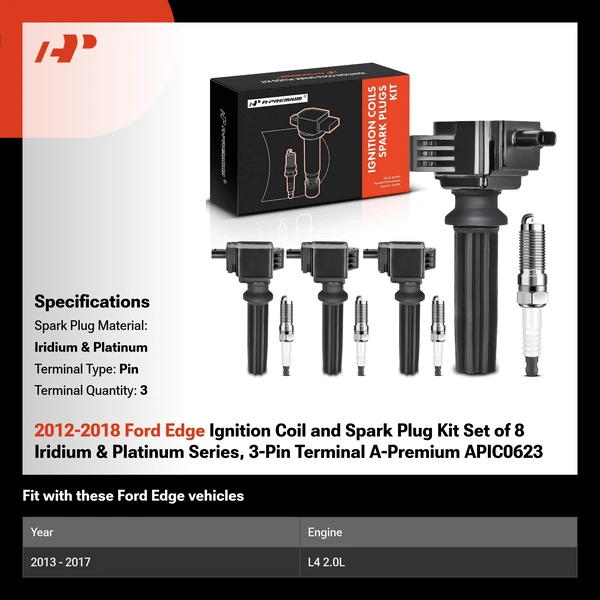 2012-2018 Ford Edge Ignition Coil and Spark Plug Kit Set of 8 Iridium & Platinum Series, 3-Pin Terminal A-Premium APIC0623