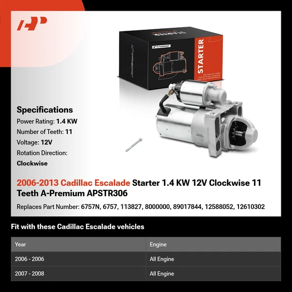 2006-2013 Cadillac Escalade Starter 1.4 KW 12V Clockwise 11 Teeth A-Premium APSTR306