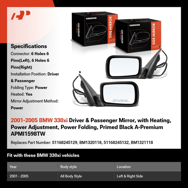2001-2005 BMW 330xi Driver & Passenger Mirror, with Heating, Power Adjustment, Power Folding, Primed Black A-Premium APMI1598TW