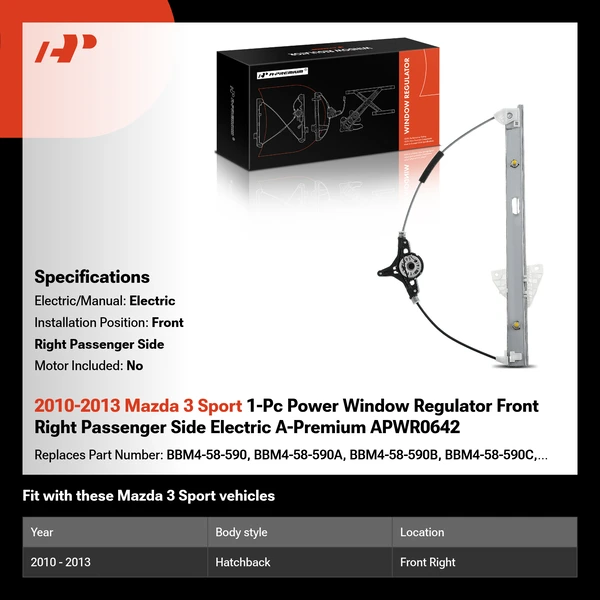 2010-2013 Mazda 3 Sport 1-Pc Power Window Regulator Front Right Passenger Side Electric A-Premium APWR0642