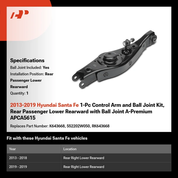 2013-2019 Hyundai Santa Fe 1-Pc Control Arm and Ball Joint Kit, Rear Passenger Lower Rearward with Ball Joint A-Premium APCA5615