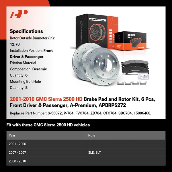 2001-2010 GMC Sierra 2500 HD Brake Pad and Rotor Kit, 6 Pcs, Front Driver & Passenger, A-Premium, APBRPS272