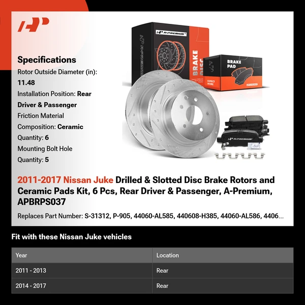 2011-2017 Nissan Juke Drilled & Slotted Disc Brake Rotors and Ceramic Pads Kit, 6 Pcs, Rear Driver & Passenger, A-Premium, APBRPS037