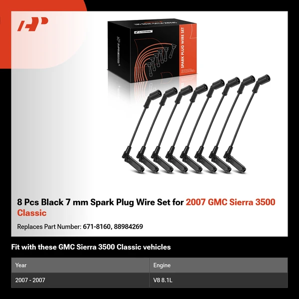 8 Pcs Black 7 mm Spark Plug Wire Set for 2007 GMC Sierra 3500 Classic