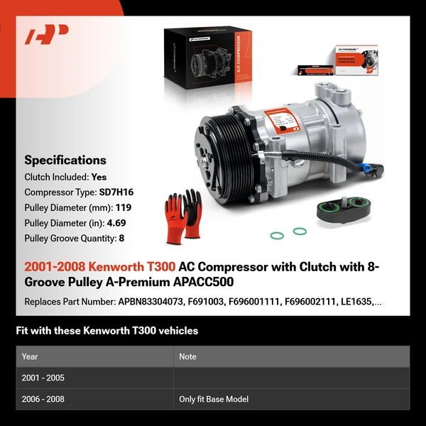 2001-2008 Kenworth T300 AC Compressor with Clutch with 8-Groove Pulley A-Premium APACC500