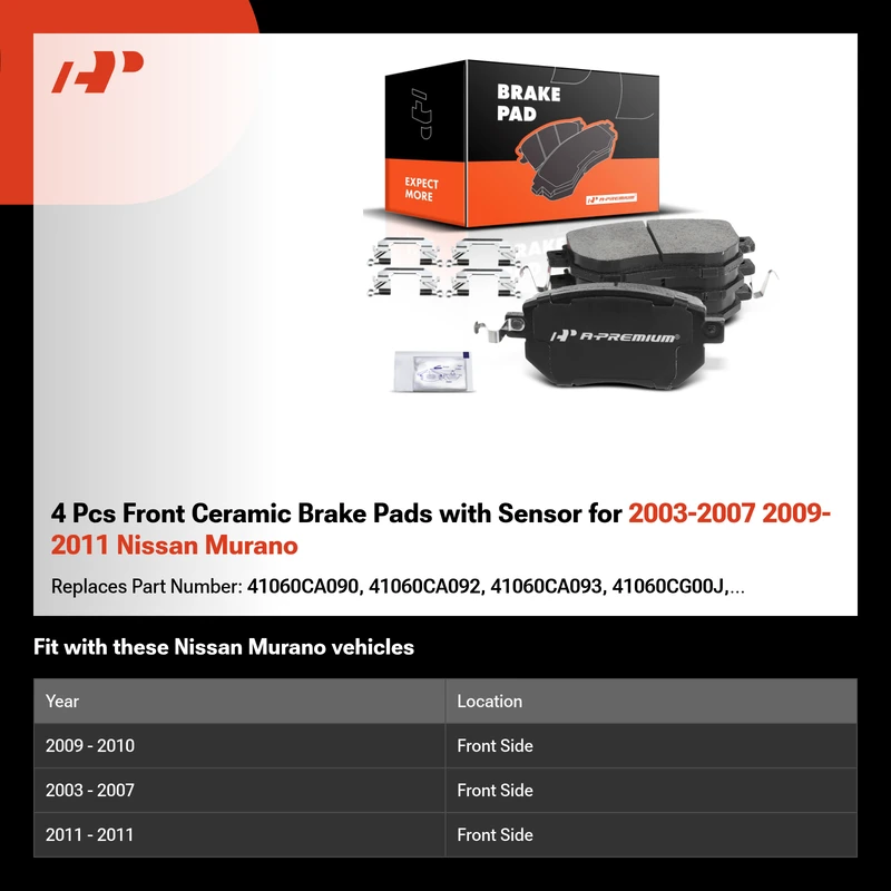 4 Pcs Front Ceramic Brake Pads with Sensor for 2003-2007 2009-2011 Nissan Murano
