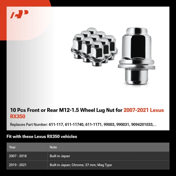 10 Pcs Front or Rear M12-1.5 Wheel Lug Nut for 2007-2021 Lexus RX350