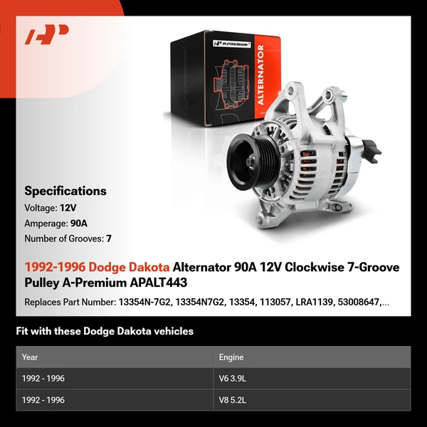 1992-1996 Dodge Dakota Alternator 90A 12V Clockwise 7-Groove Pulley A-Premium APALT443
