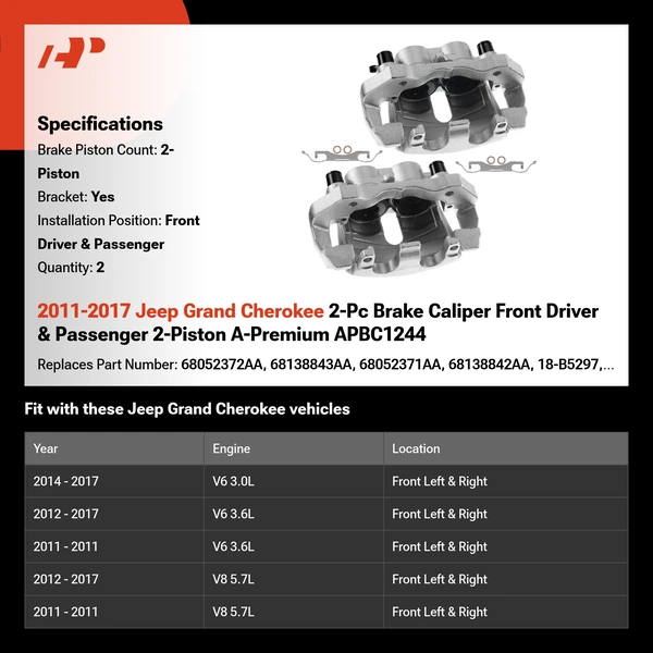 2011-2017 Jeep Grand Cherokee 2-Pc Brake Caliper Front Driver & Passenger 2-Piston A-Premium APBC1244