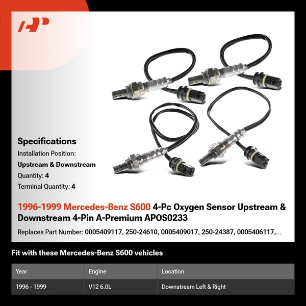 1996-1999 Mercedes-Benz S600 4-Pc Oxygen Sensor Upstream & Downstream 4-Pin A-Premium APOS0233