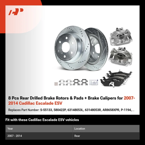 8 Pcs Rear Drilled Brake Rotors & Pads + Brake Calipers for 2007-2014 Cadillac Escalade ESV