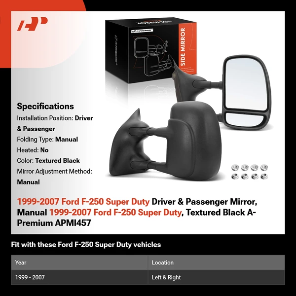 1999-2007 Ford F-250 Super Duty Driver & Passenger Mirror, Manual 1999-2007 Ford F-250 Super Duty, Textured Black A-Premium APMI457