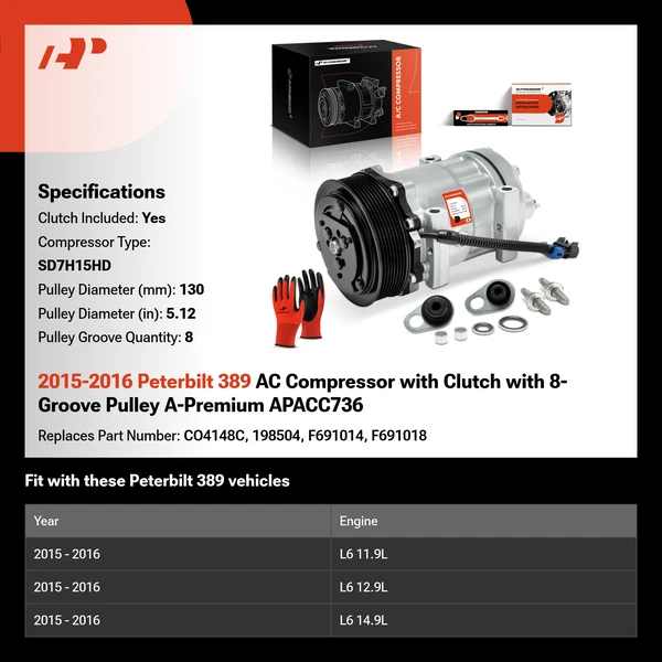 2015-2016 Peterbilt 389 AC Compressor with Clutch with 8-Groove Pulley A-Premium APACC736