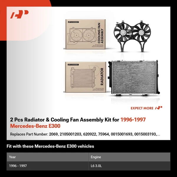 2 Pcs Radiator & Cooling Fan Assembly Kit for 1996-1997 Mercedes-Benz E300