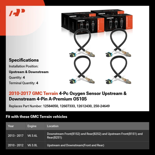 2010-2017 GMC Terrain 4-Pc Oxygen Sensor Upstream & Downstream 4-Pin A-Premium OS105