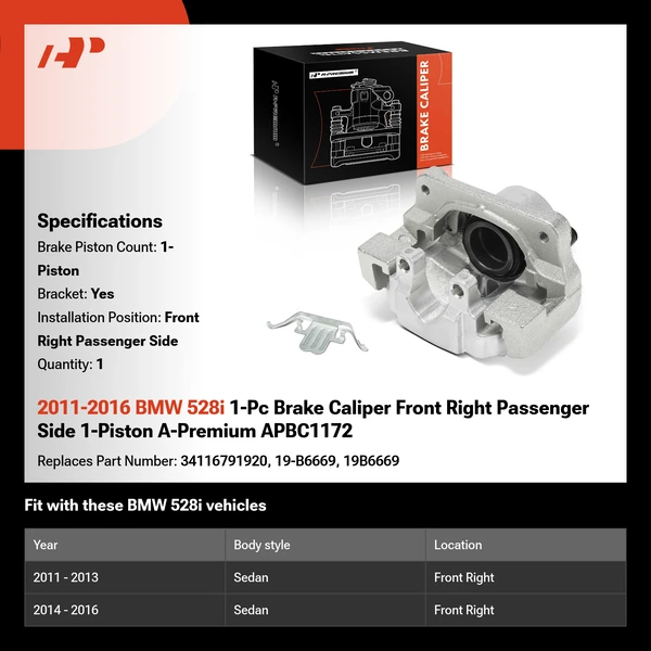 2011-2016 BMW 528i 1-Pc Brake Caliper Front Right Passenger Side 1-Piston A-Premium APBC1172