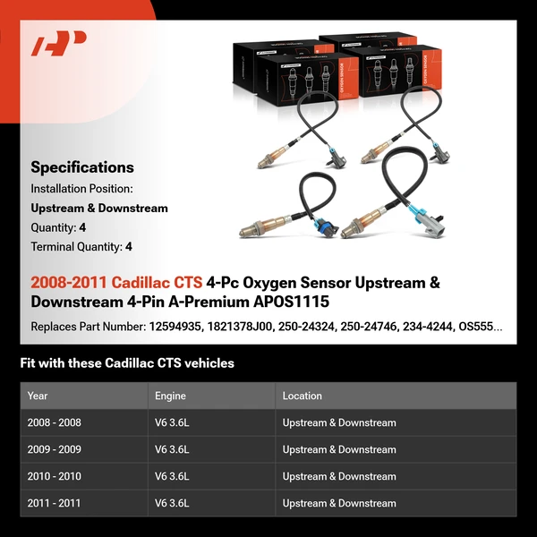 2008-2011 Cadillac CTS 4-Pc Oxygen Sensor Upstream & Downstream 4-Pin A-Premium APOS1115