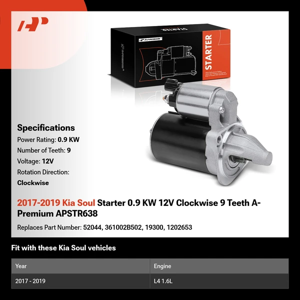 2017-2019 Kia Soul Starter 0.9 KW 12V Clockwise 9 Teeth A-Premium APSTR638