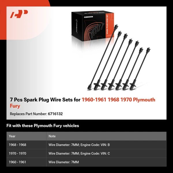 7 Pcs Spark Plug Wire Sets for 1960-1961 1968 1970 Plymouth Fury