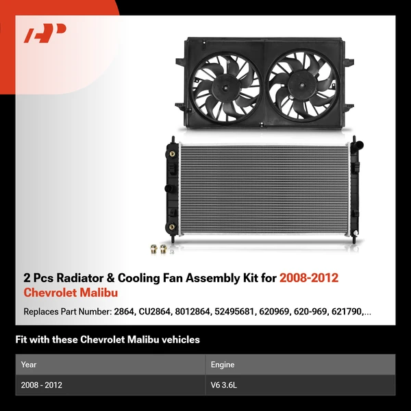 2 Pcs Radiator & Cooling Fan Assembly Kit for 2008-2012 Chevrolet Malibu