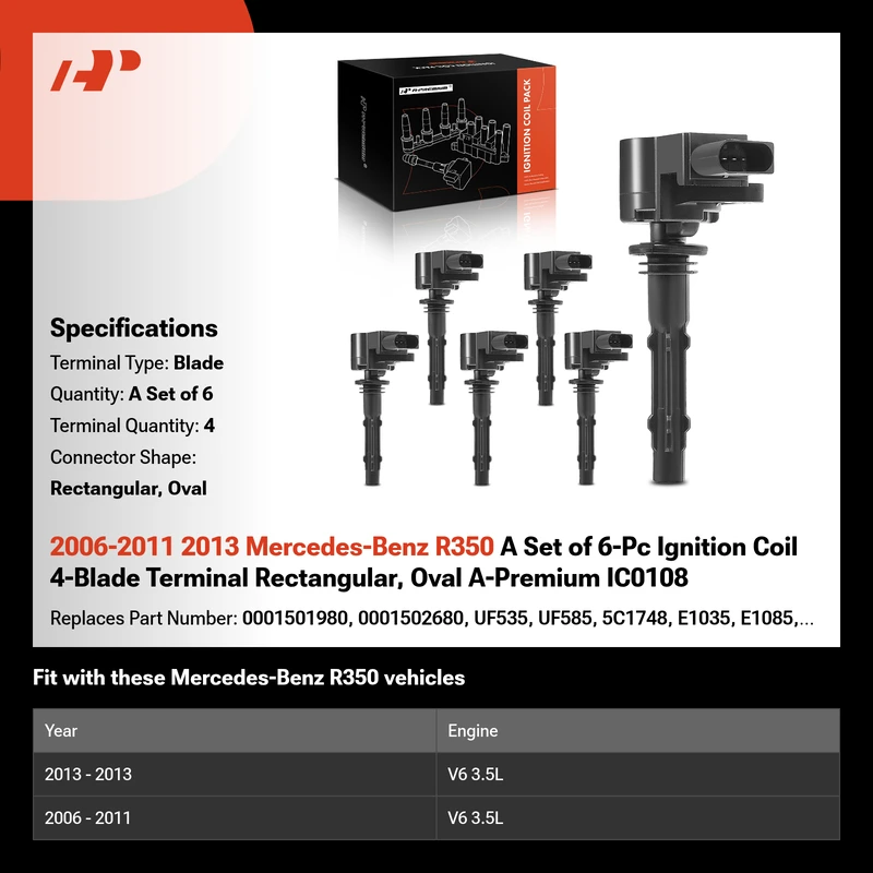 2006-2011 2013 Mercedes-Benz R350 A Set of 6-Pc Ignition Coil 4-Blade Terminal Rectangular, Oval A-Premium IC0108