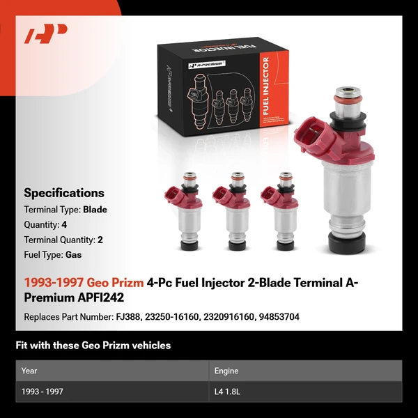 1993-1997 Geo Prizm 4-Pc Fuel Injector 2-Blade Terminal A-Premium APFI242