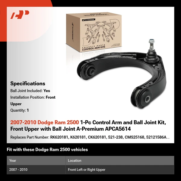 2007-2010 Dodge Ram 2500 1-Pc Control Arm and Ball Joint Kit, Front Upper with Ball Joint A-Premium APCA5614