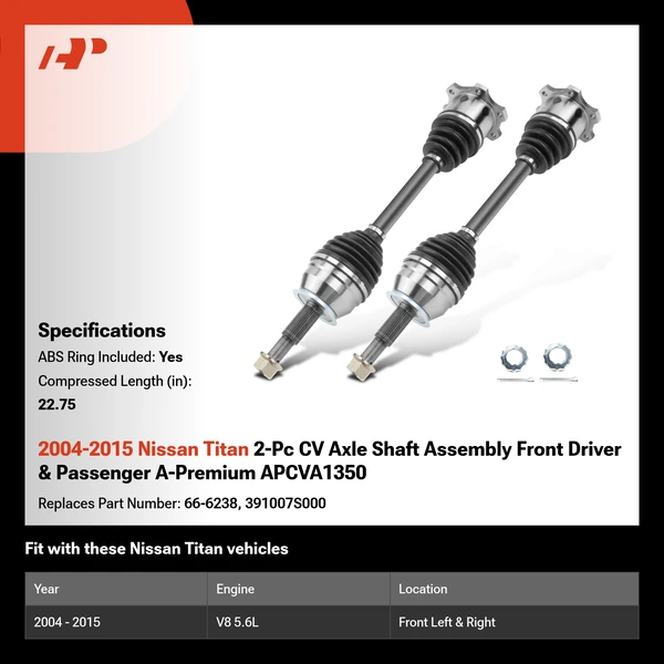 2004-2015 Nissan Titan 2-Pc CV Axle Shaft Assembly Front Driver & Passenger A-Premium APCVA1350