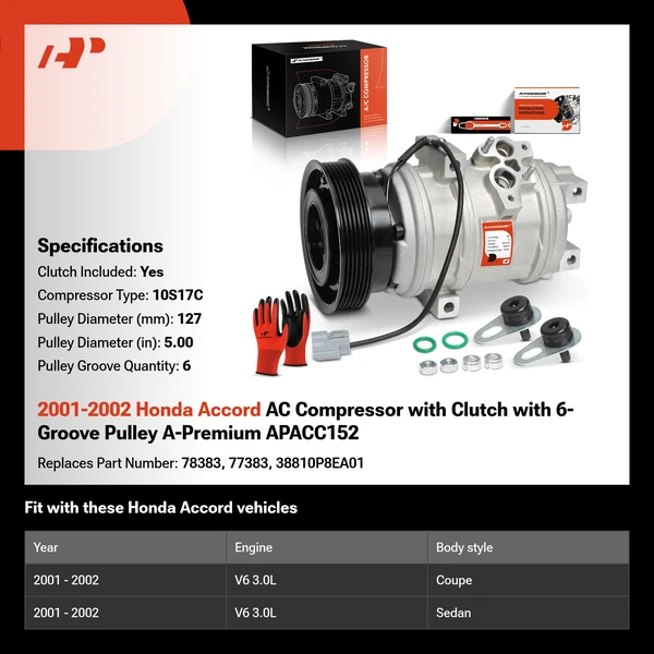 2001-2002 Honda Accord AC Compressor with Clutch with 6-Groove Pulley A-Premium APACC152