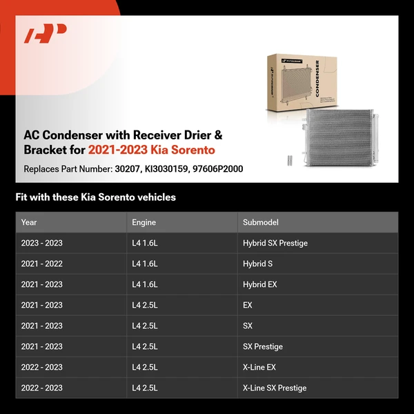 AC Condenser with Receiver Drier & Bracket for 2021-2023 Kia Sorento