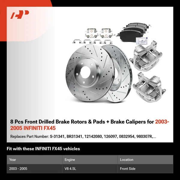8 Pcs Front Drilled Brake Rotors & Pads + Brake Calipers for 2003-2005 INFINITI FX45