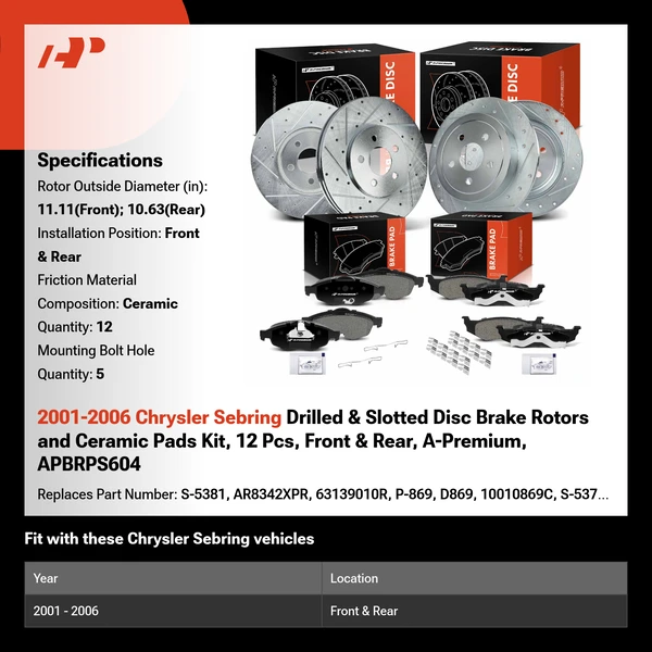 2001-2006 Chrysler Sebring Drilled & Slotted Disc Brake Rotors and Ceramic Pads Kit, 12 Pcs, Front & Rear, A-Premium, APBRPS604