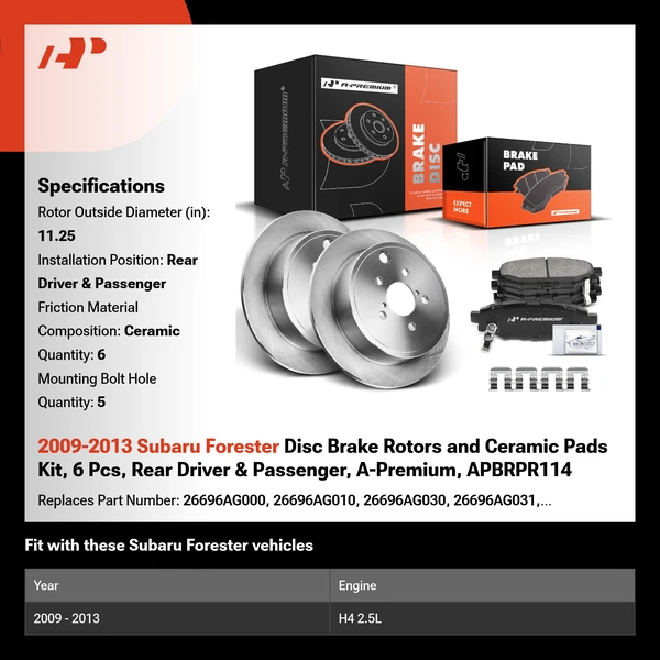 2009-2013 Subaru Forester Disc Brake Rotors and Ceramic Pads Kit, 6 Pcs, Rear Driver & Passenger, A-Premium, APBRPR114