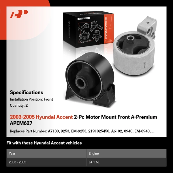 2003-2005 Hyundai Accent 2-Pc Motor Mount Front A-Premium APEM627