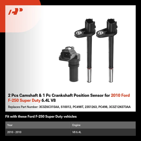 2 Pcs Camshaft & 1 Pc Crankshaft Position Sensor for 2010 Ford F-250 Super Duty 6.4L V8