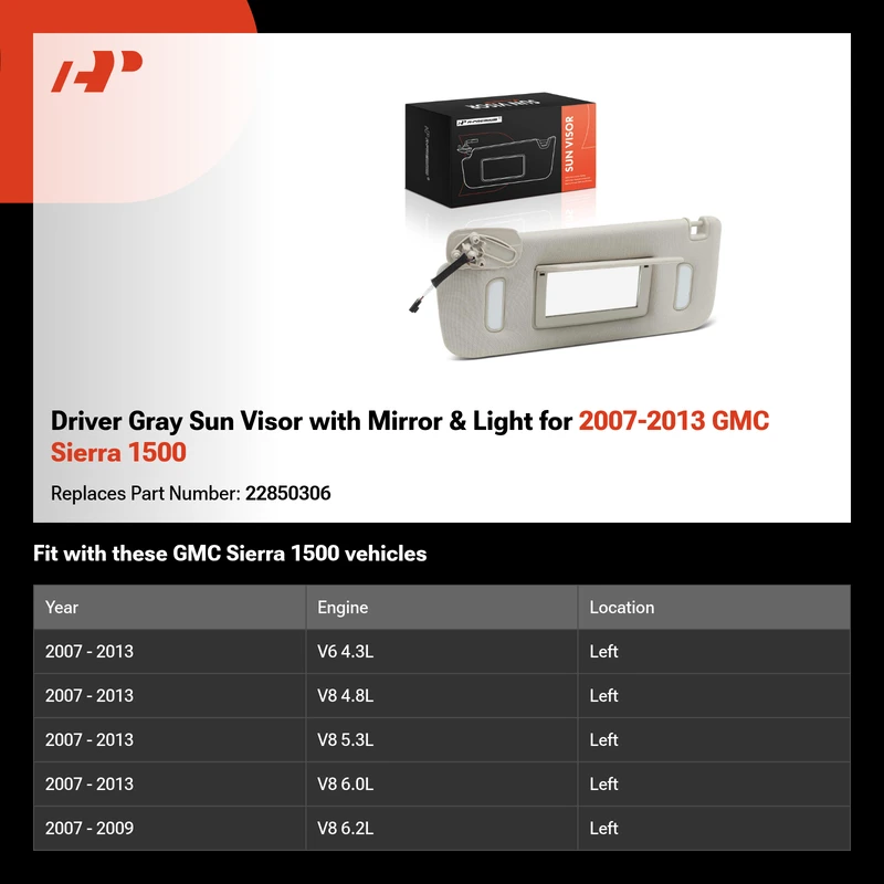 Driver Gray Sun Visor with Mirror & Light for 2007-2013 GMC Sierra 1500