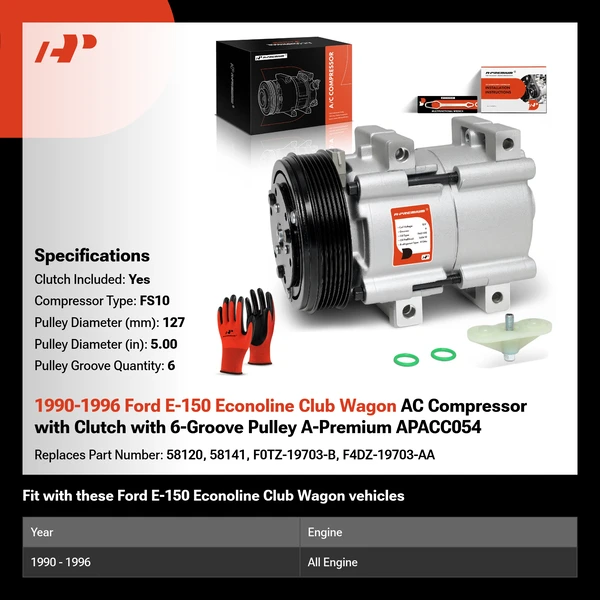 1990-1996 Ford E-150 Econoline Club Wagon AC Compressor with Clutch with 6-Groove Pulley A-Premium APACC054