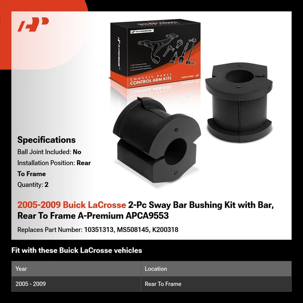 2005-2009 Buick LaCrosse 2-Pc Sway Bar Bushing Kit with Bar, Rear To Frame A-Premium APCA9553