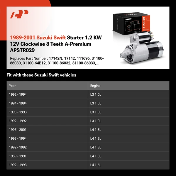 1989-2001 Suzuki Swift Starter 1.2 KW 12V Clockwise 8 Teeth A-Premium APSTR029