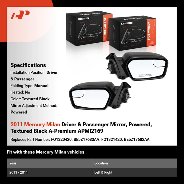 2011 Mercury Milan Driver & Passenger Mirror, Powered, Textured Black A-Premium APMI2169