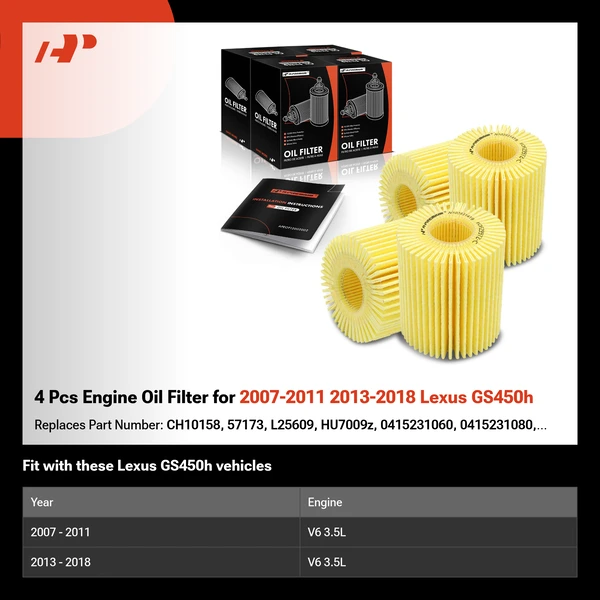 4 Pcs Engine Oil Filter for 2007-2011 2013-2018 Lexus GS450h