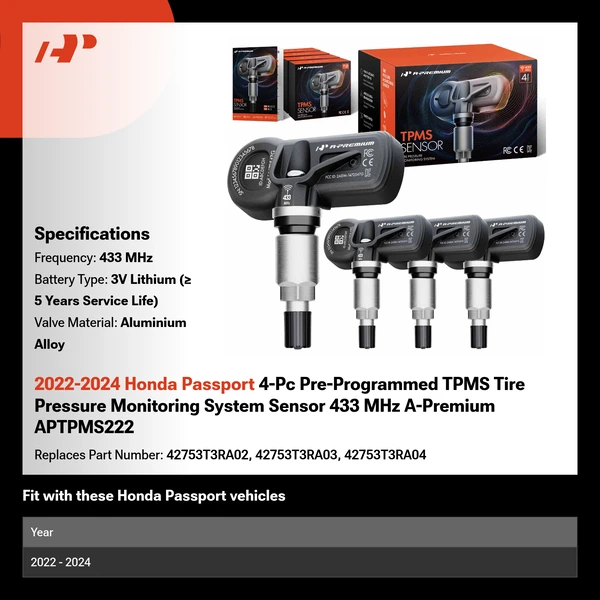 2022-2024 Honda Passport 4-Pc Pre-Programmed TPMS Tire Pressure Monitoring System Sensor 433 MHz A-Premium APTPMS222