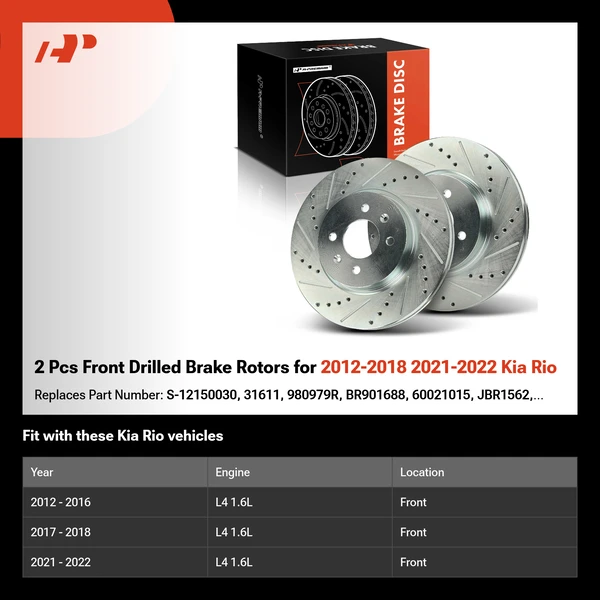 2 Pcs Front Drilled Brake Rotors for 2012-2018 2021-2022 Kia Rio